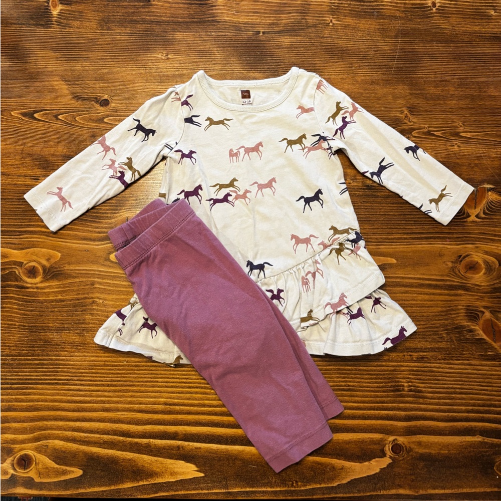 Tea Collection Kids' Horse Print light gray dress with Mauve leggings